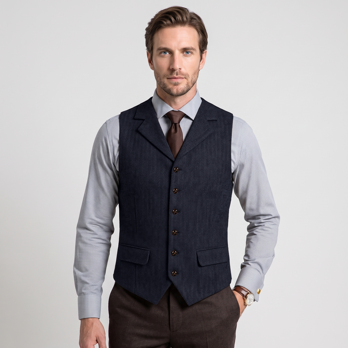 Aesido Men's Business Herringbone Notch Lapel Waistcoat