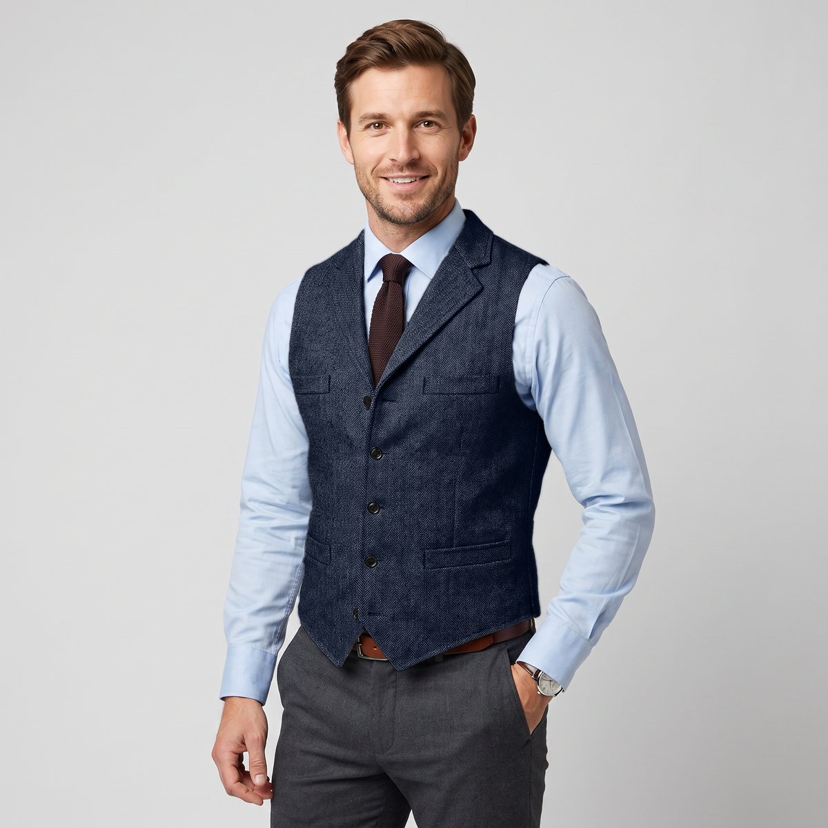 Aesido Business Men's Herringbone Notch Lapel Waistcoat