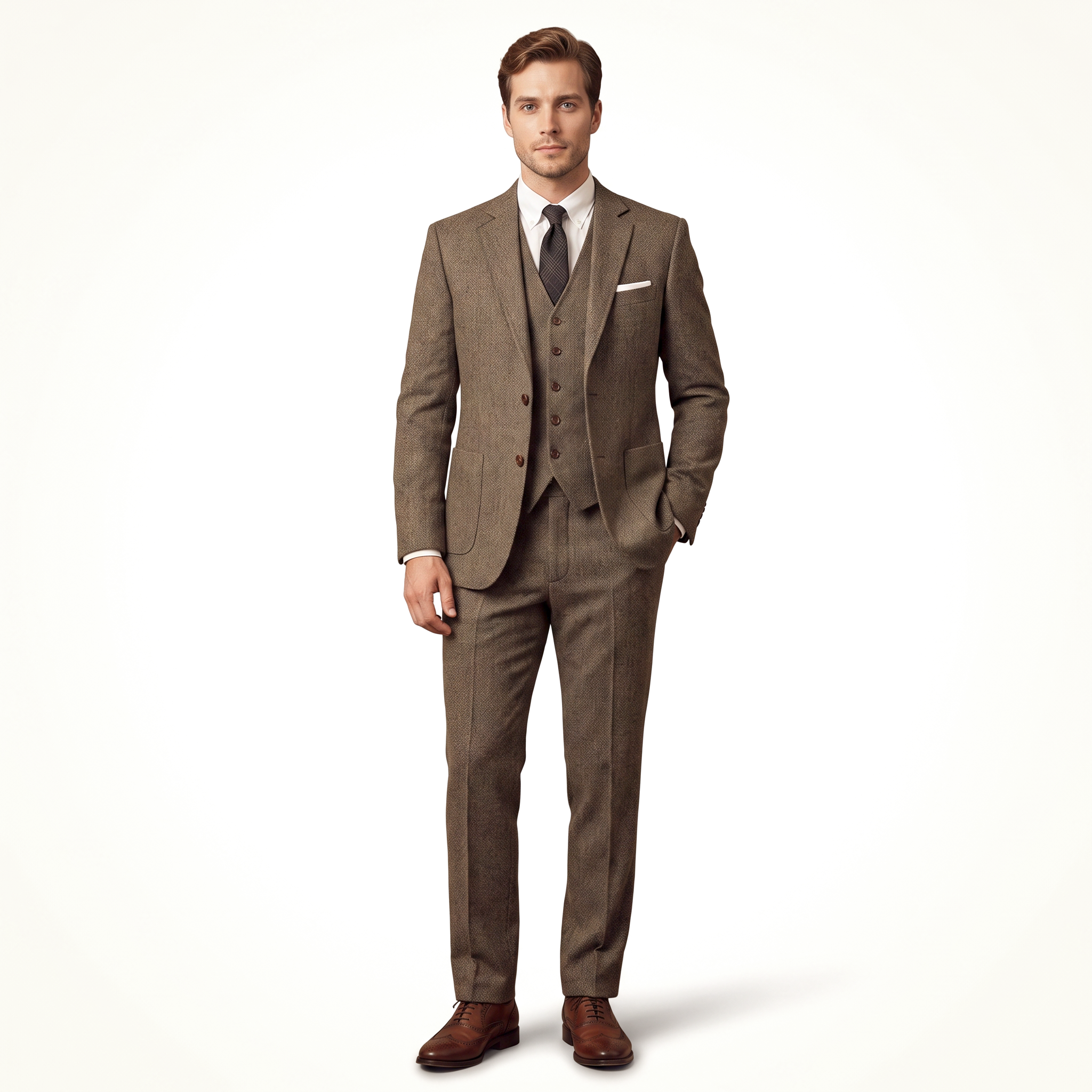 Aesido Double Buttons Casual Men's Suit 3 Pieces Classic Tweed Notch Lapel Tuxedos (Blazer+vest+Pants)