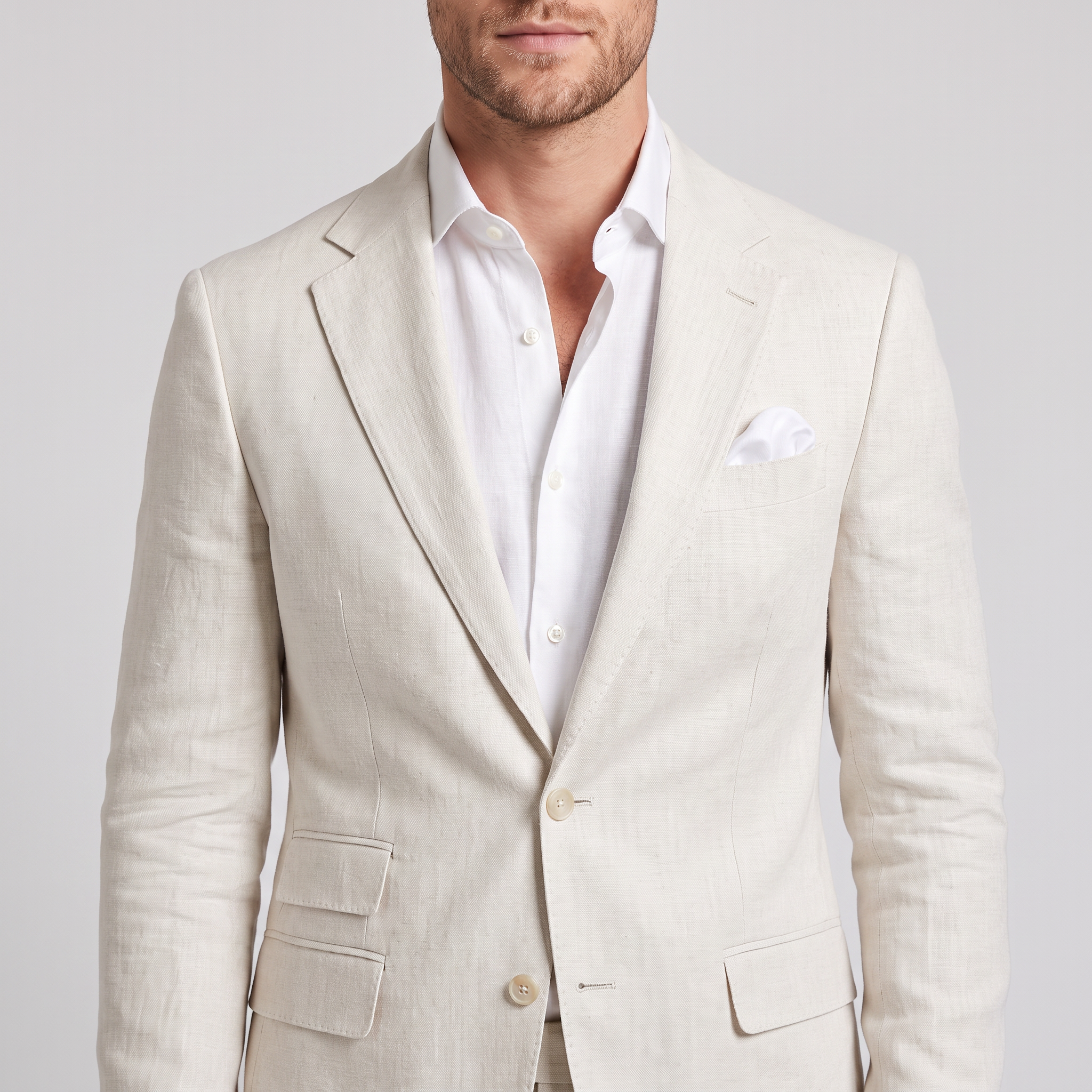 Aesido Ivory 2 Pieces Linen Casual Double Buttons Notch Lapel Men's Suits (Blazer+Pants)