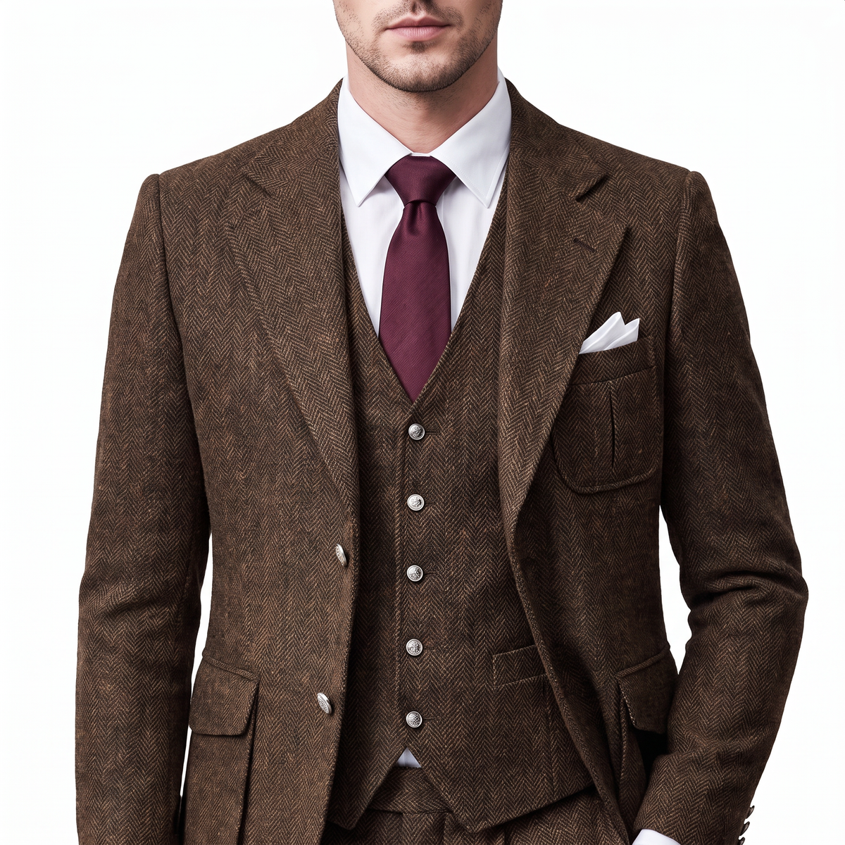 Aesido 3 Pieces Classic Herringbone Notch Lapel Suits (Blazer+Vest+Pants)