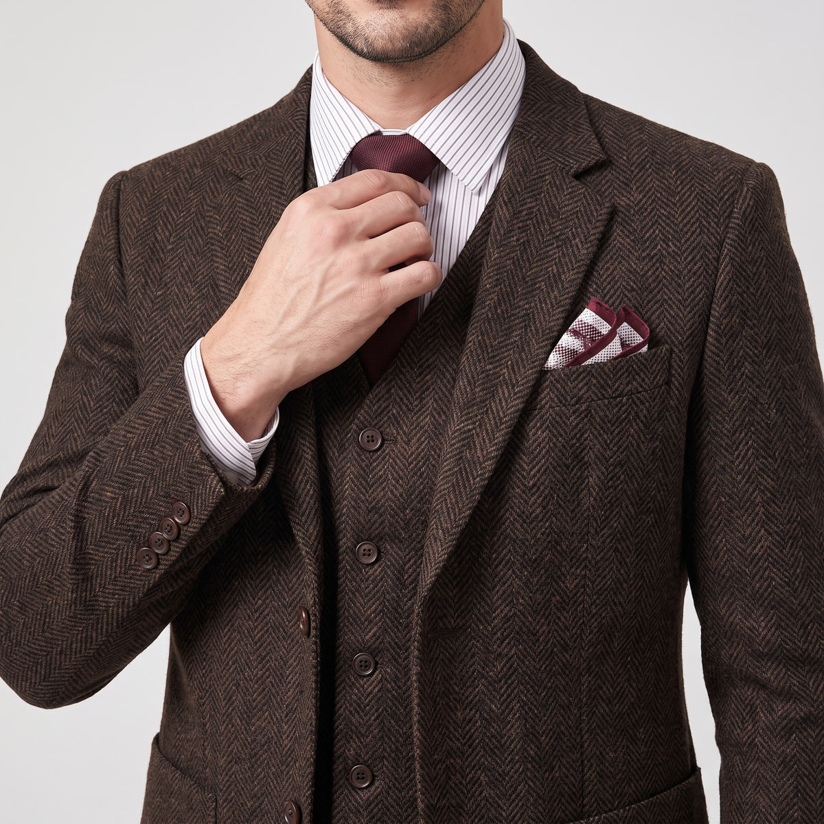 Aesido 3 Pieces Business Herringbone Notch Lapel Men's Suit（Blazer+Vest+Pants）