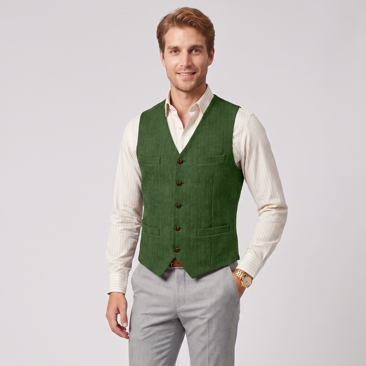 Aesido Casual Single Breasted V Neck Herringbone Men's Vest