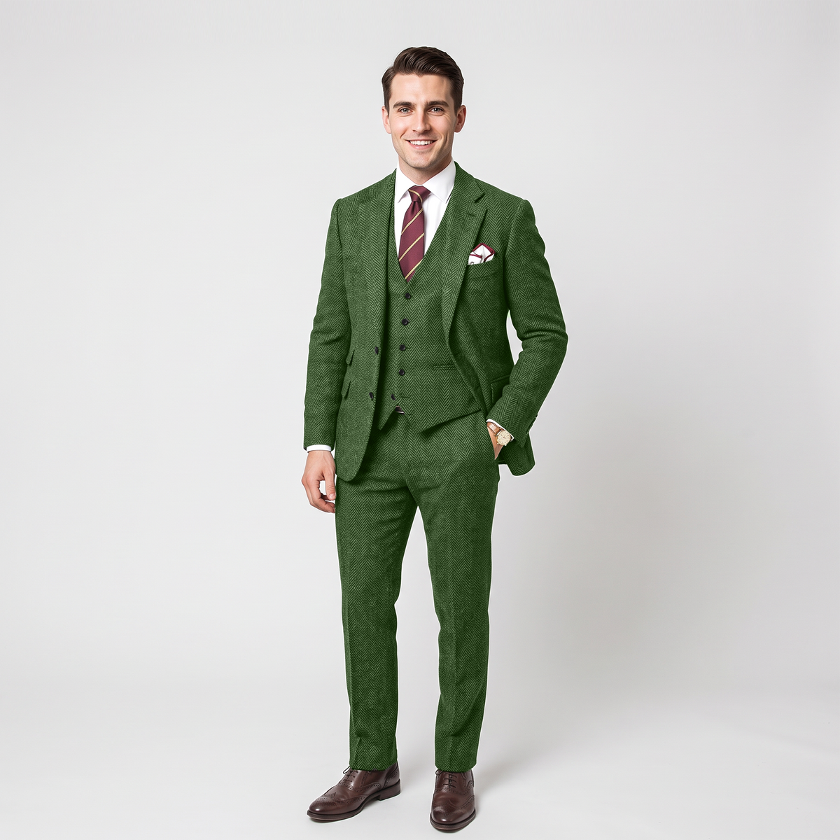 Aesido Vintage 3 Pieces Men's Suit Herringbone Notch Lapel Tuxedos (Blazer+vest+Pants)