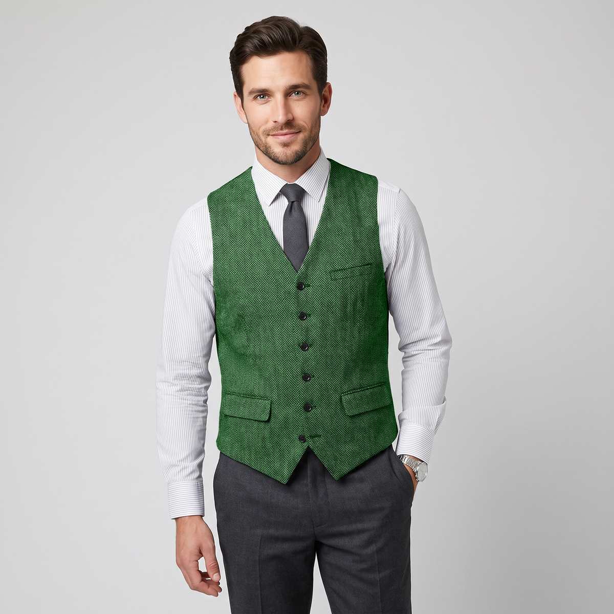 Aesido Men's Single Breasted V Neck Herringbone Waistcoat