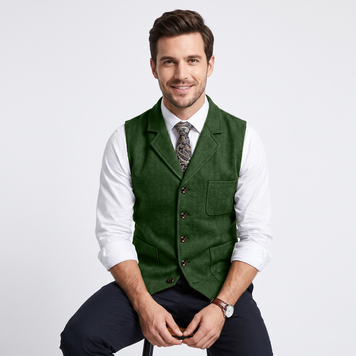 Aesido Formal Men's Vest Herringbone Notch Lapel Waistcoat