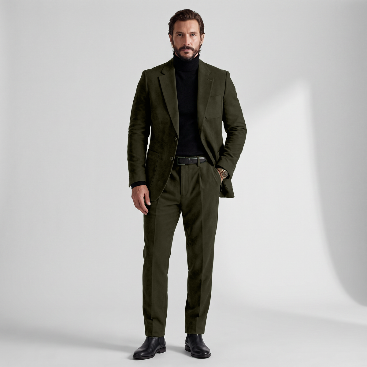 Aesido Retro Men’s Suede 2 Pieces Notch Lapel Men's Suits (Blazer+Pants)
