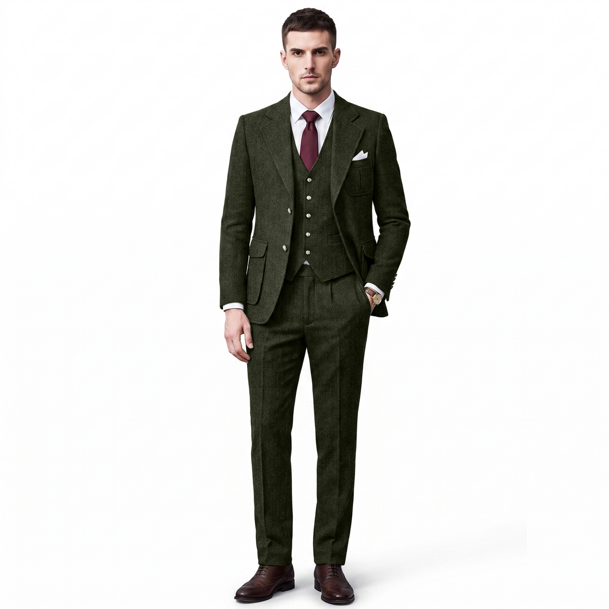 Aesido 3 Pieces Classic Herringbone Notch Lapel Suits (Blazer+Vest+Pants)