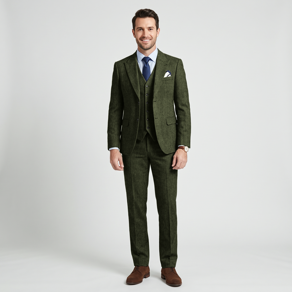 Aesido 3 Pieces Business Herringbone Peak Lapel Men's Suit (Blazer+Vest+Pants)