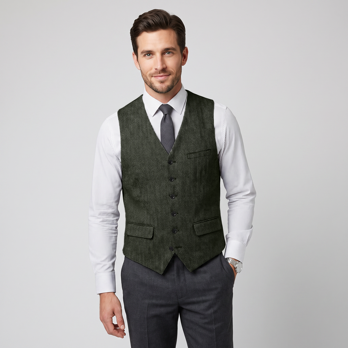Aesido Men's Single Breasted V Neck Herringbone Waistcoat