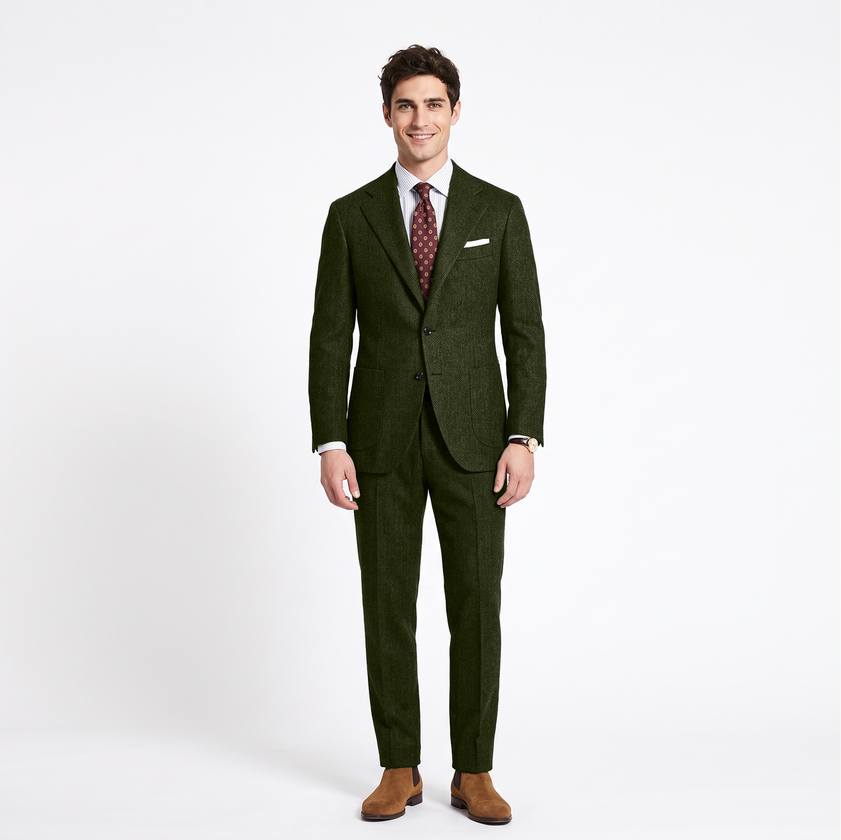 Aesido 2 Pieces Notch Lapel Herringbone Tweed Men's Suit (Blazer+Pants)