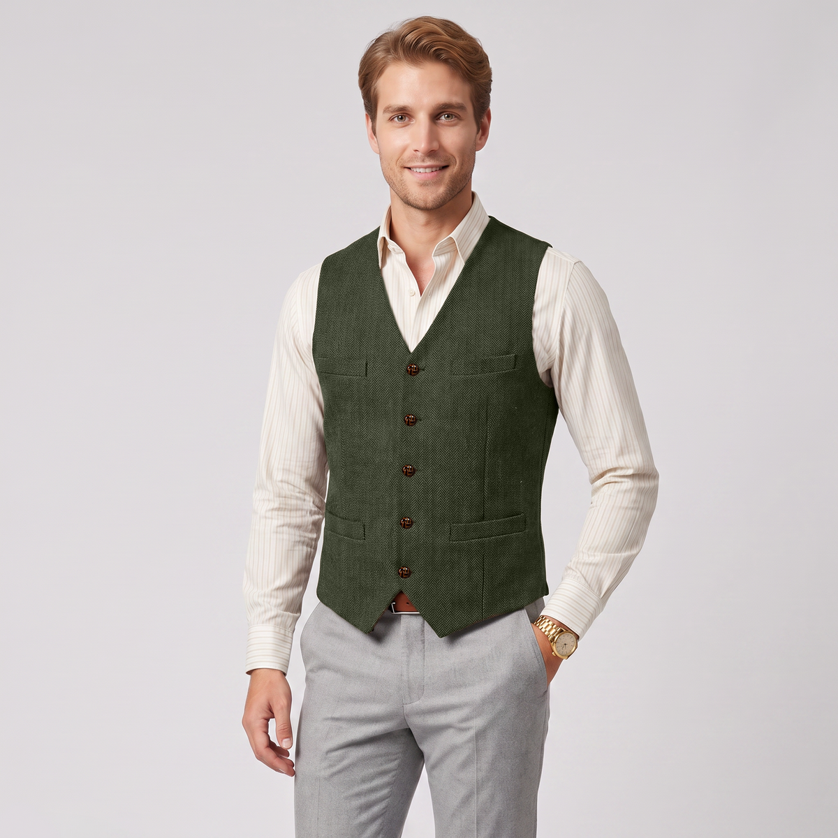 Aesido Casual Single Breasted V Neck Herringbone Men's Vest