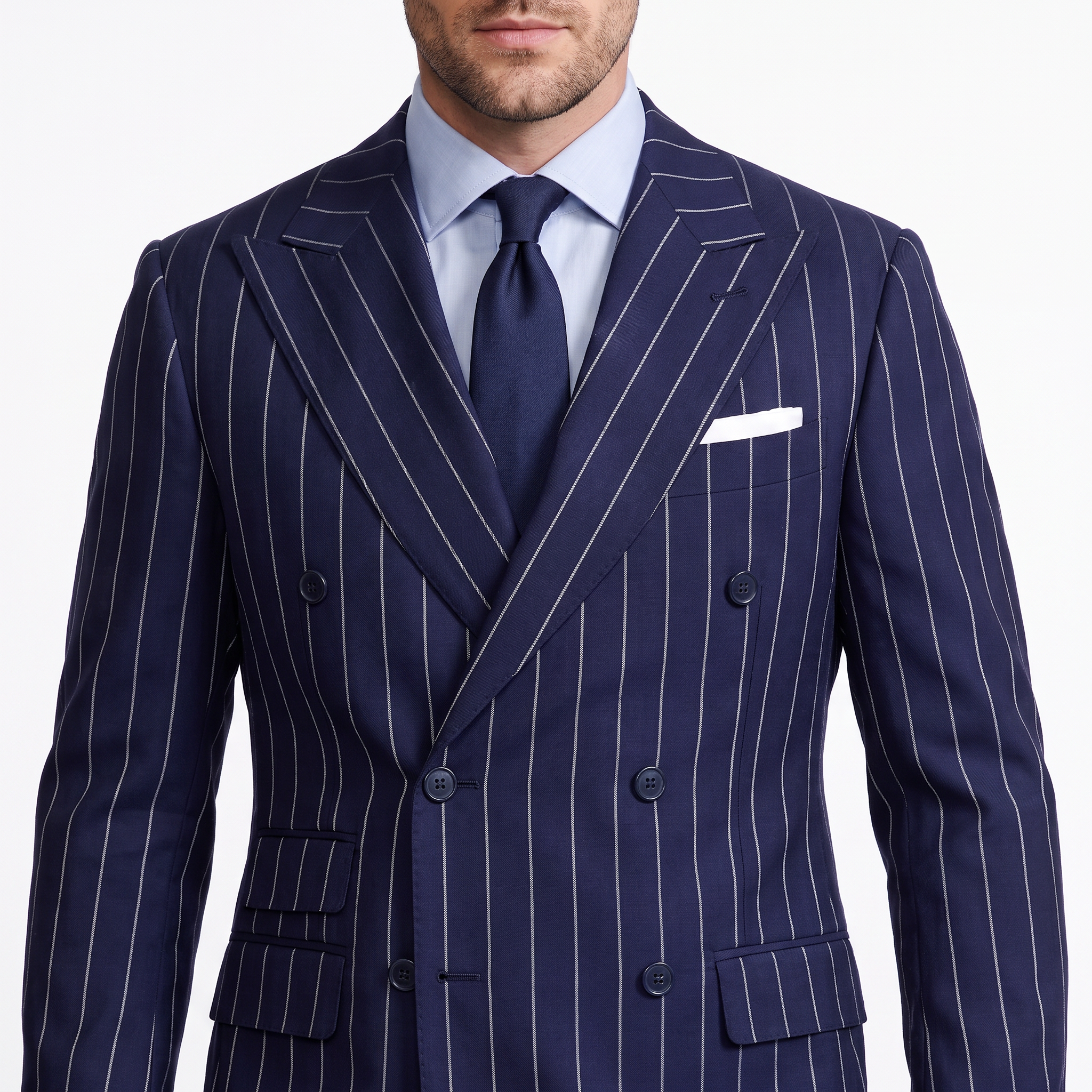 Aesido 2 Pieces Navy Striped Double Breasted Business Slim Peak Lapel Men's Suits  (Blazer+Pants)