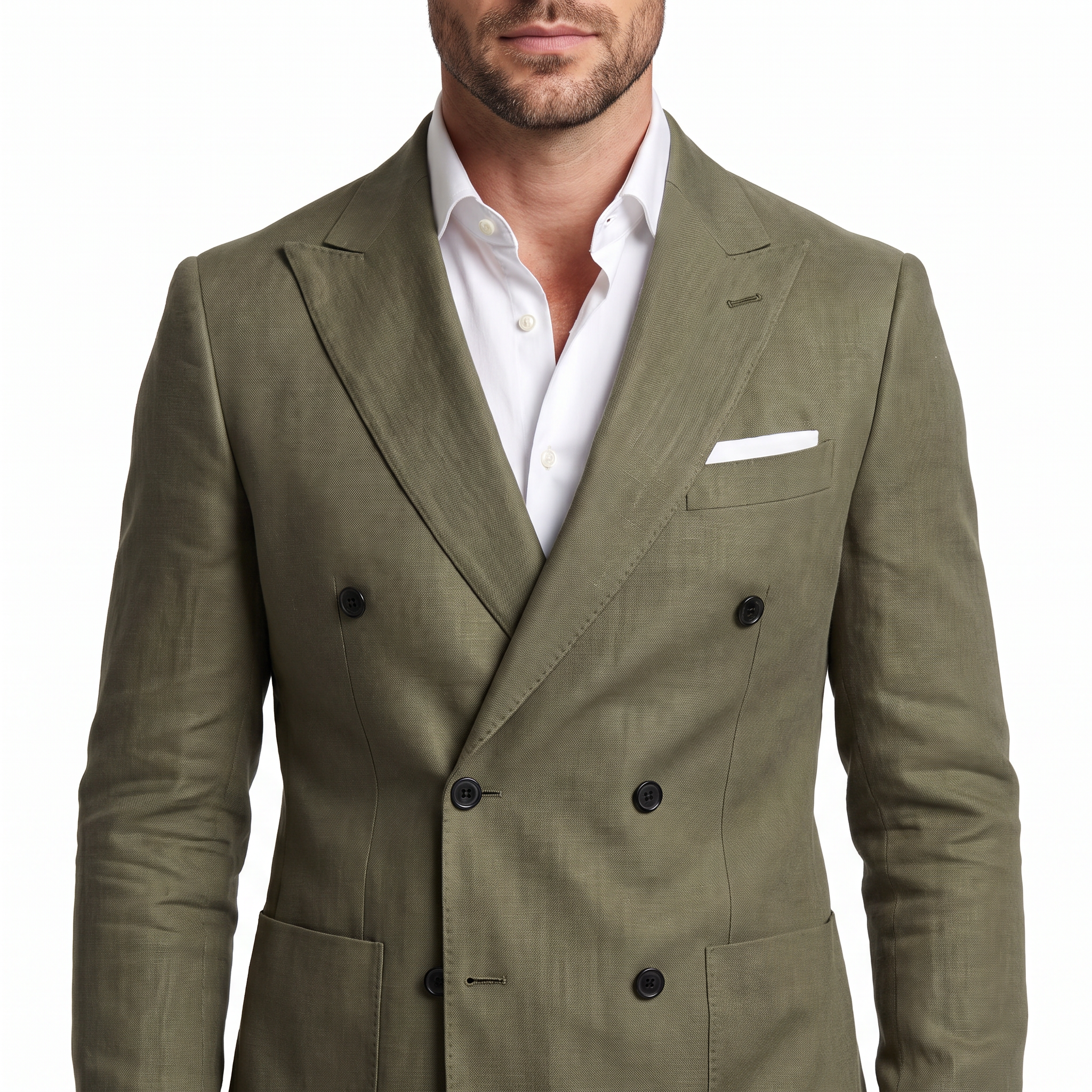 Aesido Business Casual 2 Pieces Olive Green Linen Peak Lapel Men's Suits (Blazer+Pants)