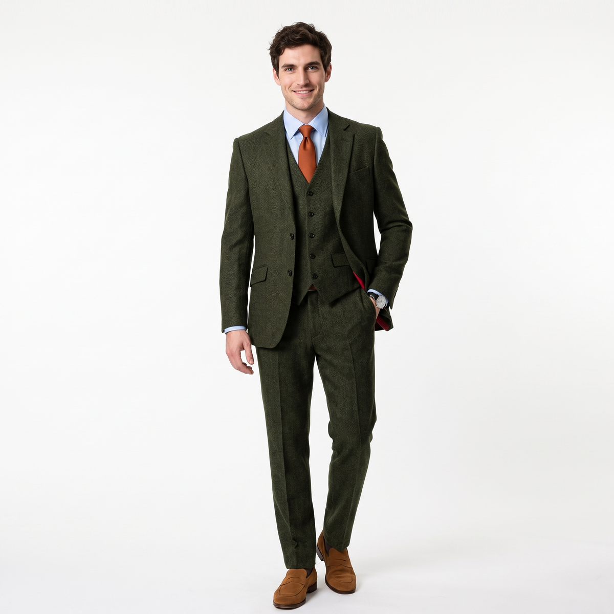 Aesido 3 Pieces Herringbone Notch Lapel Men's Suit (Blazer+Vest+Pants)