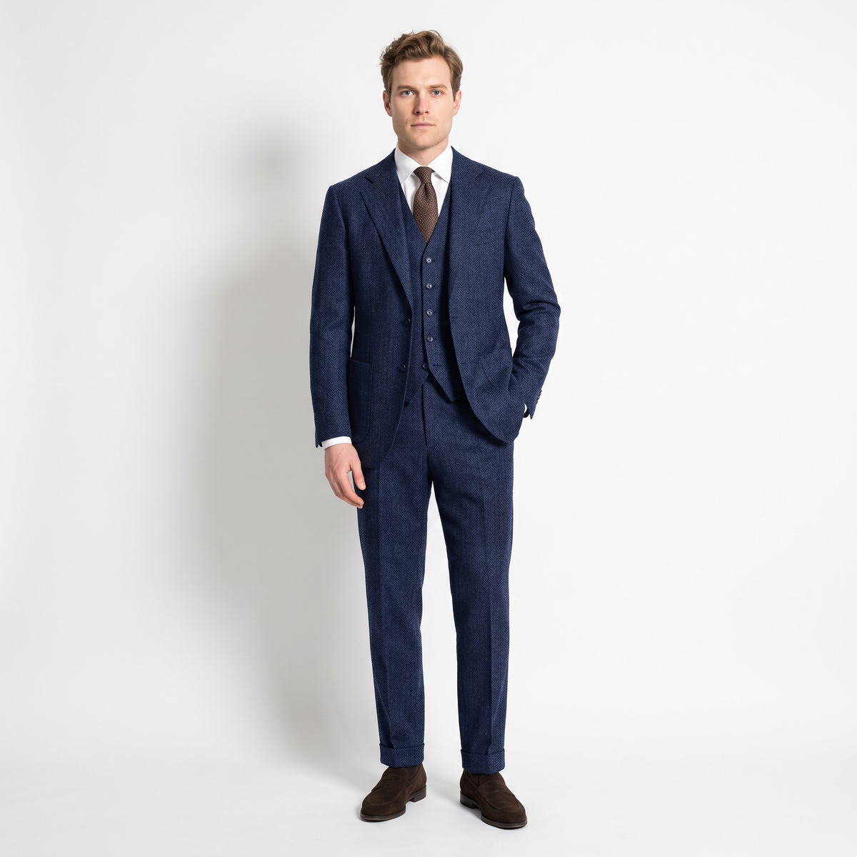 Aesido 3 Pieces Men's Suit Herringbone Notch Lapel Suits (Blazer+Vest+Pants)