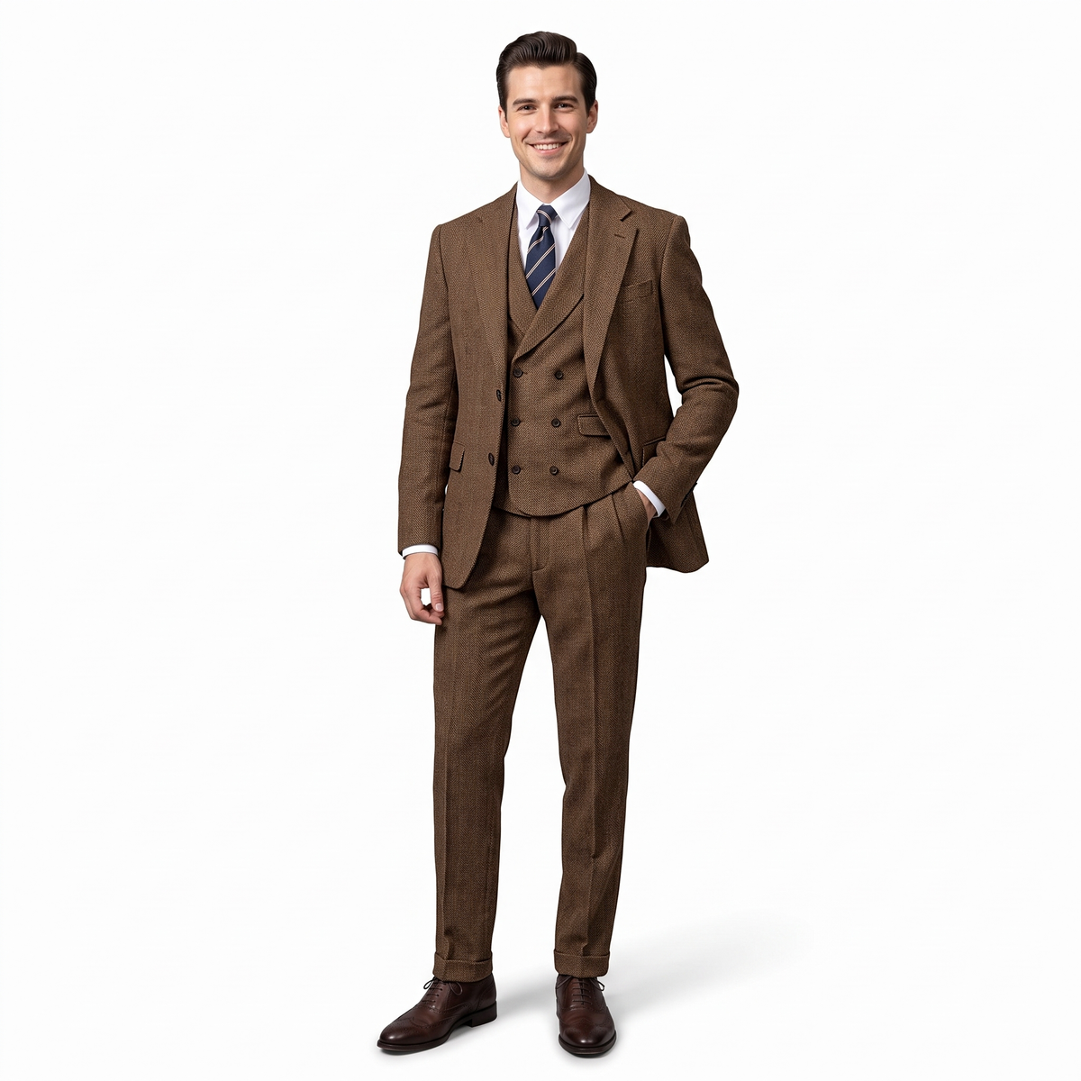 Aesido Men's Suit 3 Pieces Herringbone Notch Lapel Suit（Blazer+Vest+Pants）