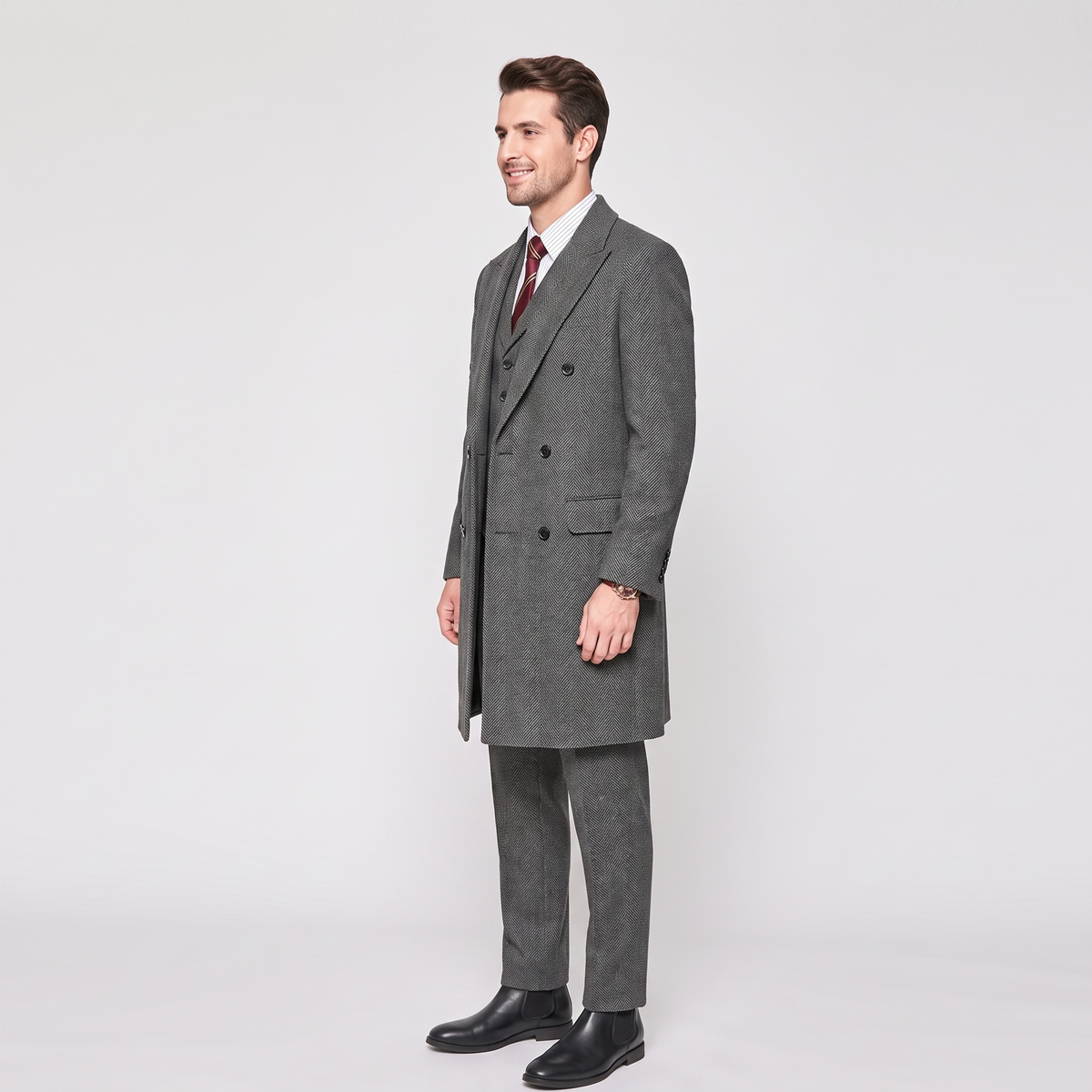 Aesido 3 Pieces Business Mens Suit Regular Fit Peak Lapel Herringbone Blazer(Blazer+vest+Pants)