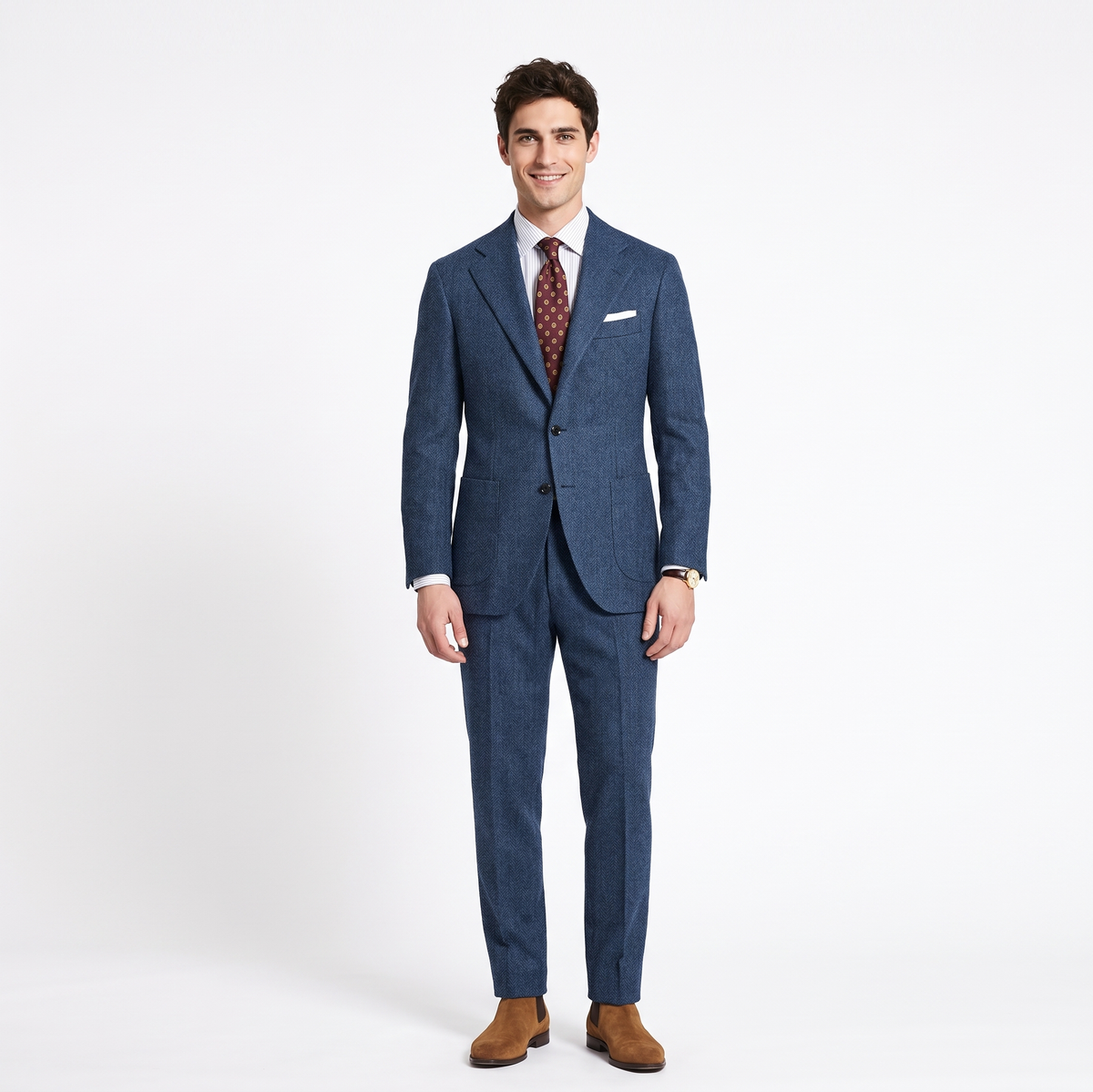 Aesido 2 Pieces Notch Lapel Herringbone Tweed Men's Suit (Blazer+Pants)