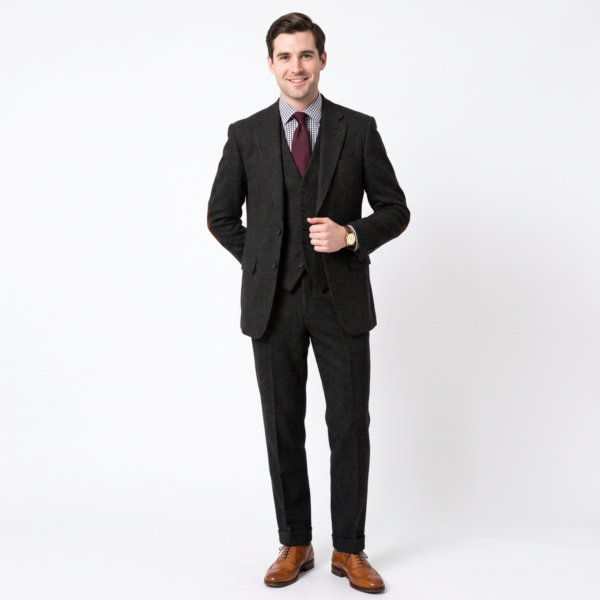 Aesido Men's Business 3 Pieces Herringbone Notch Lapel Suit（Blazer+Vest+Pants）