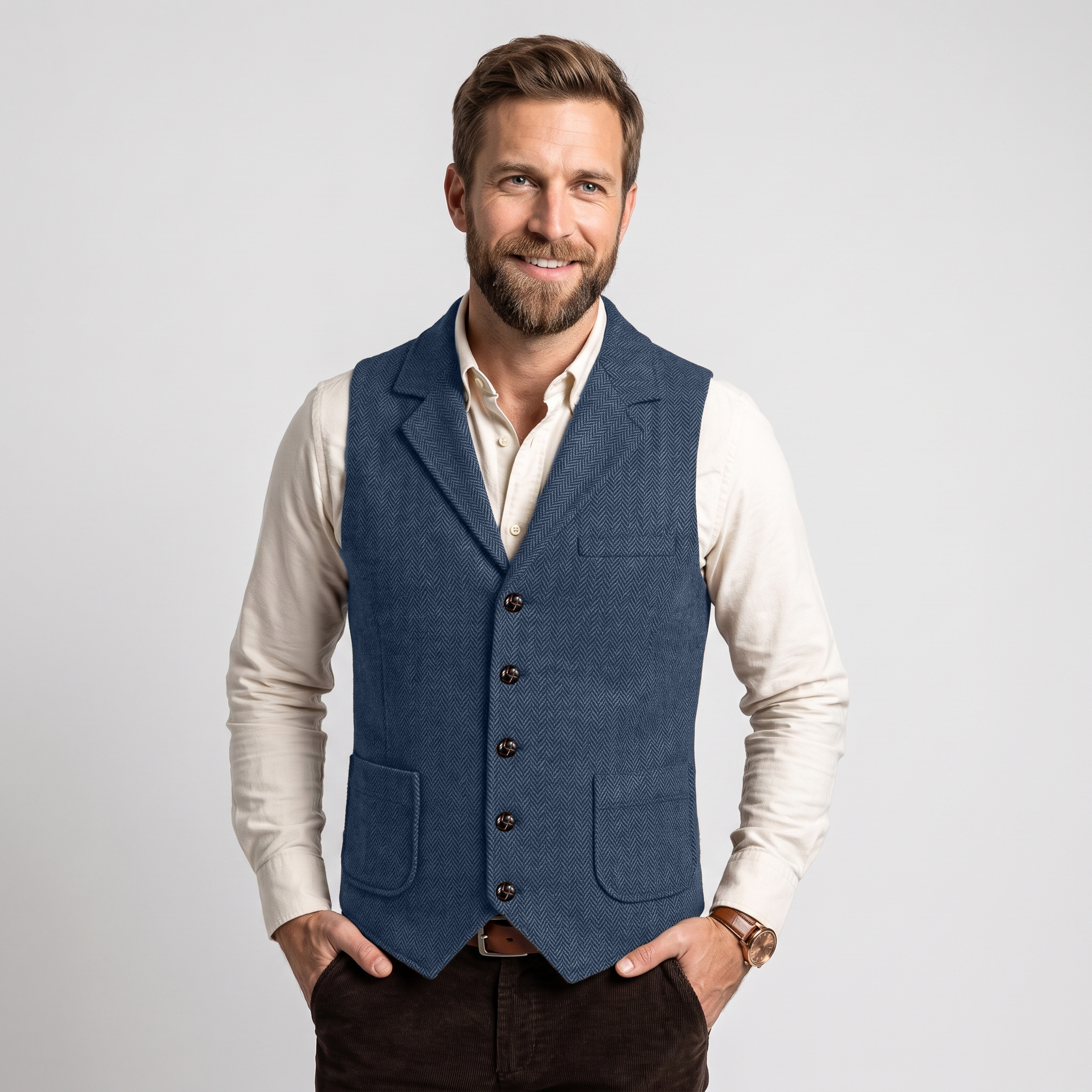 Aesido Men's Herringbone Notch Lapel Single Breasted Waistcoat