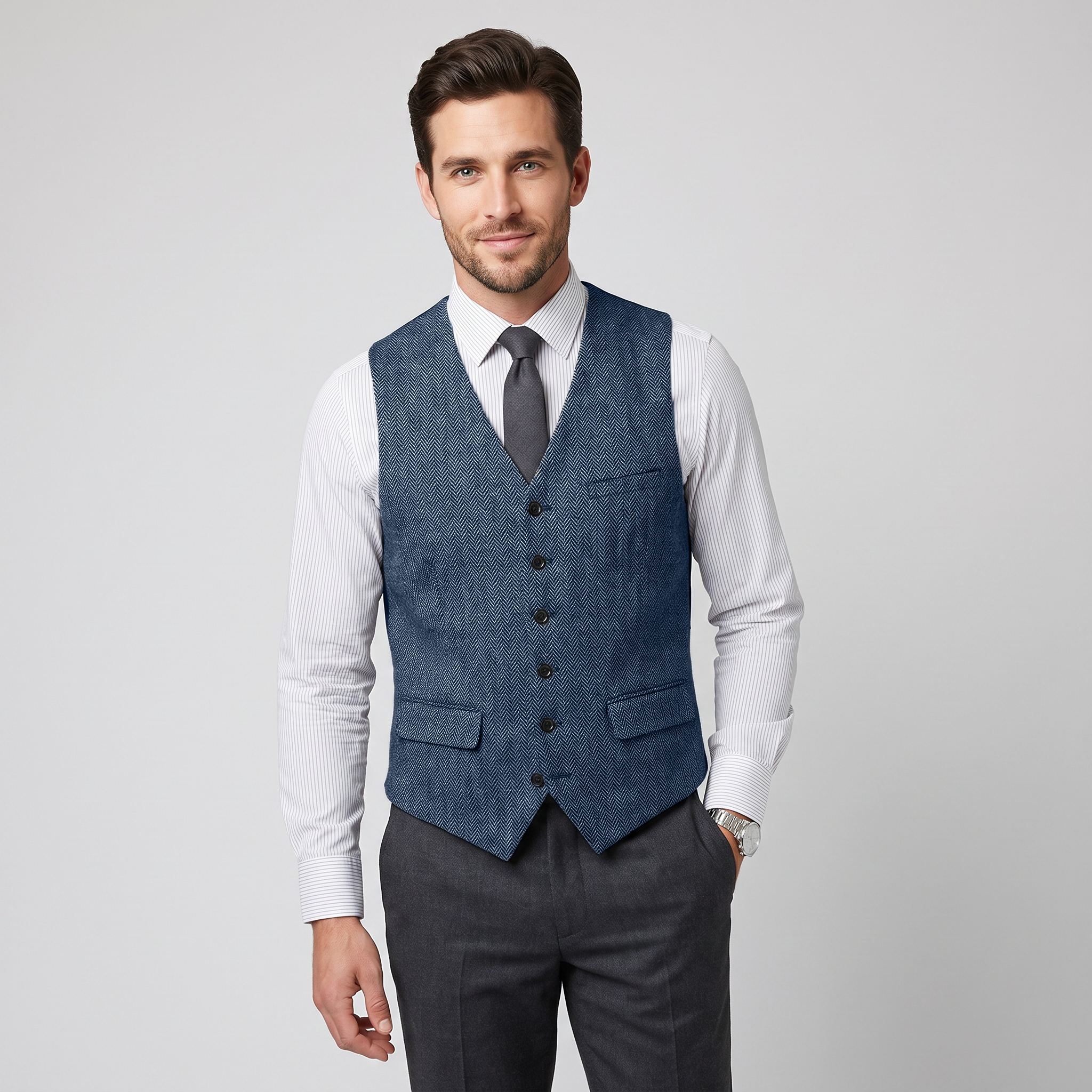 Aesido Men's Single Breasted V Neck Herringbone Waistcoat
