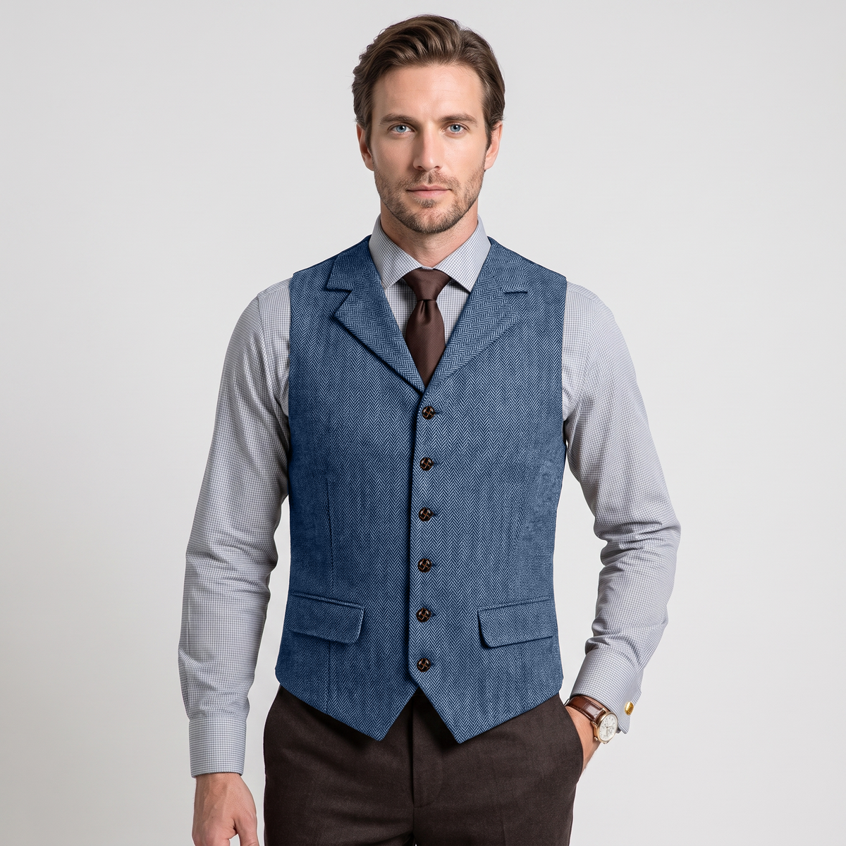Aesido Men's Business Herringbone Notch Lapel Waistcoat
