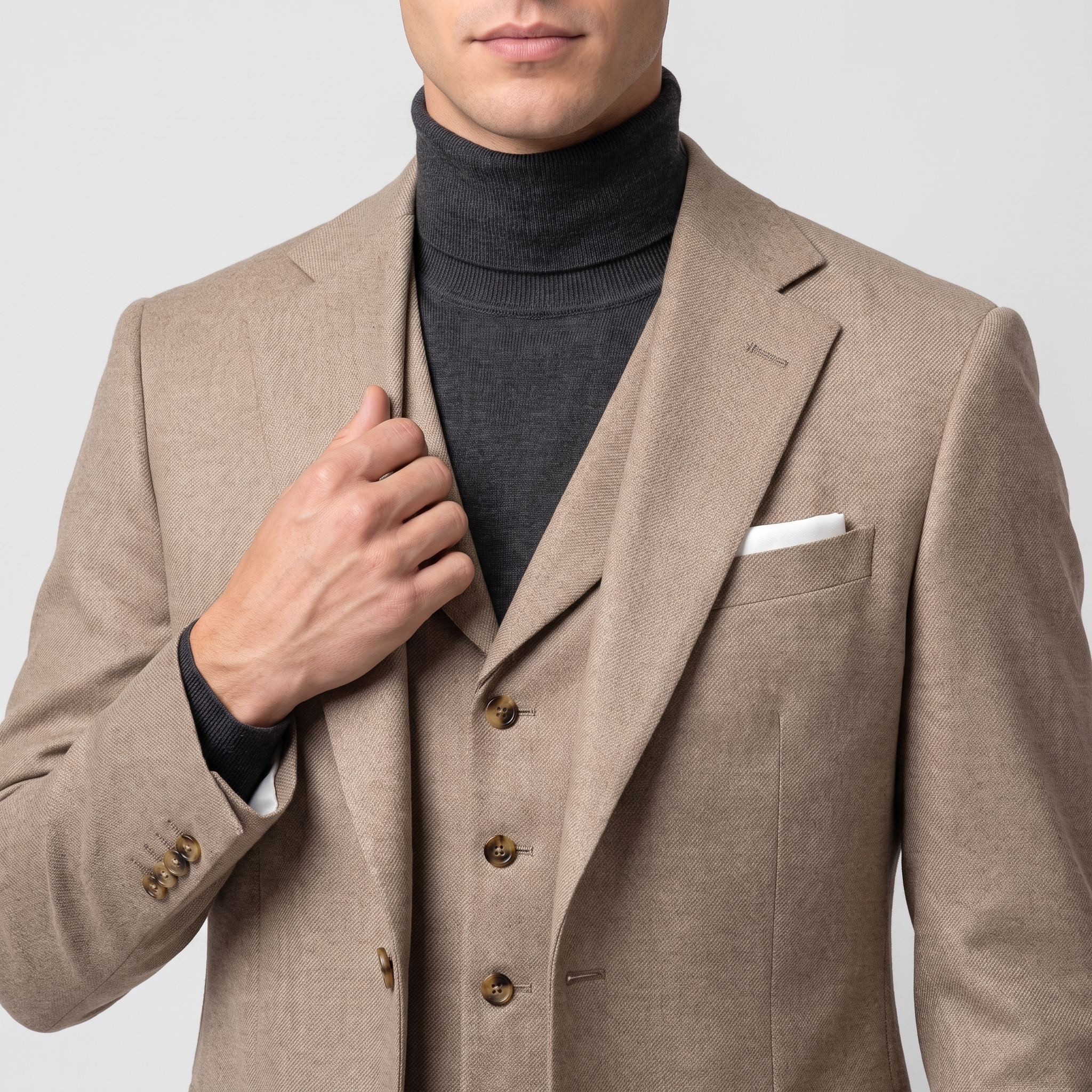 Aesido Khaki 3 Pieces Business Casual Slim Fit Tweed Men's Suit For Wedding (Blazer Vest+Pants)