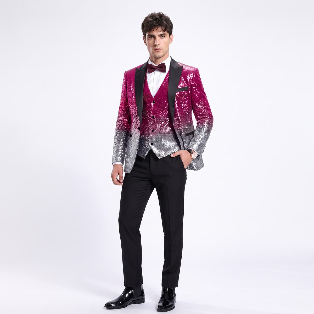 Aesido Men's Fashion Gradient Sequined Tuxedo Suit Peak Lapel Men's Suit (Blazer + Vest + Pants)