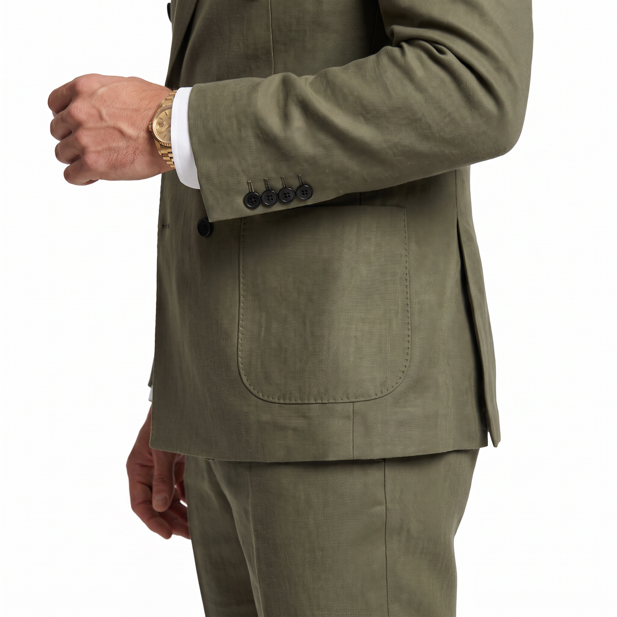 Aesido Business Casual 2 Pieces Olive Green Linen Peak Lapel Men's Suits (Blazer+Pants)