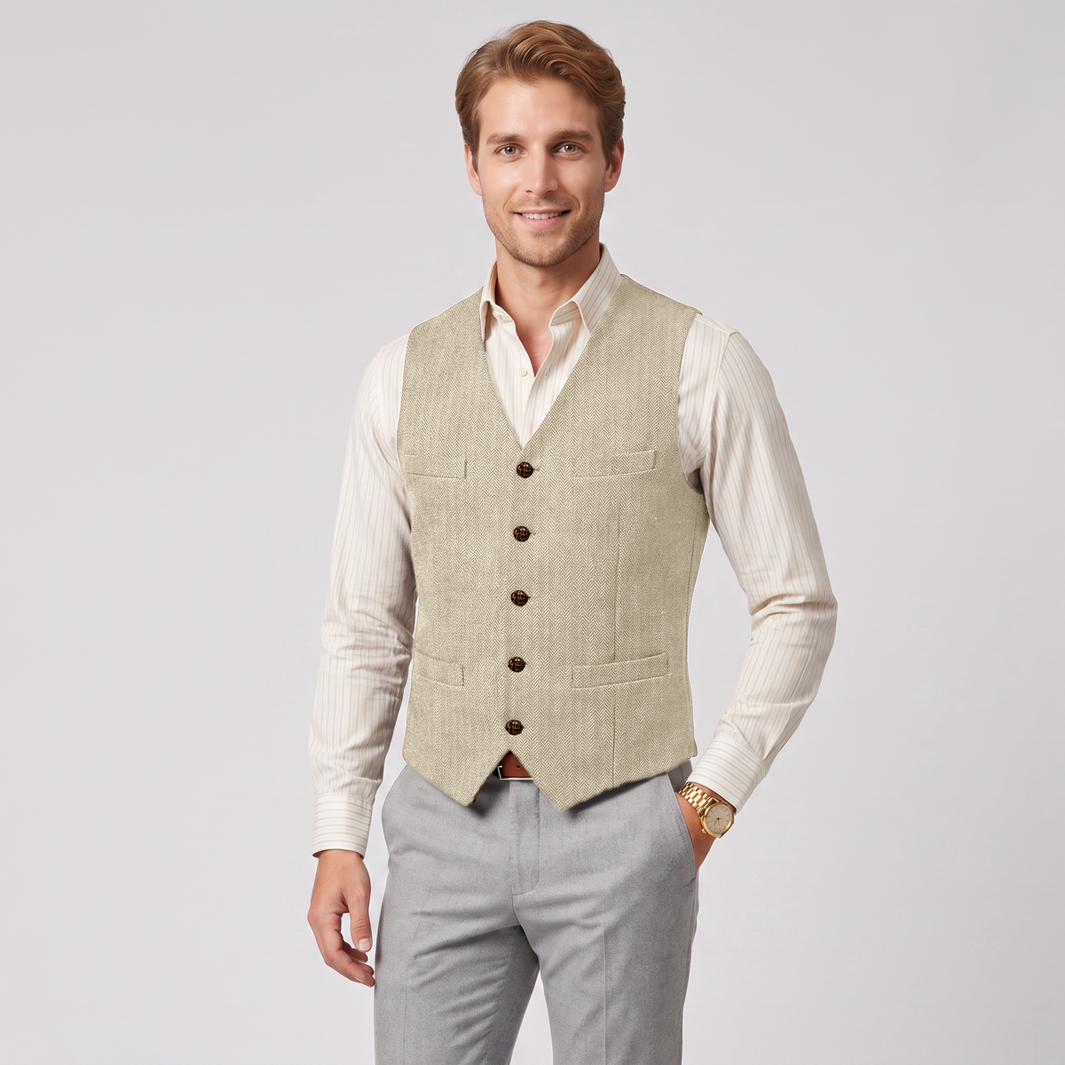 Aesido Casual Single Breasted V Neck Herringbone Men's Vest