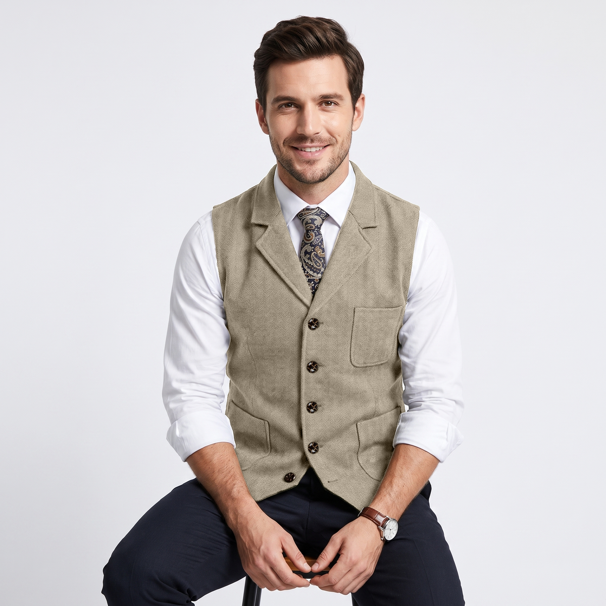 Aesido Formal Men's Vest Herringbone Notch Lapel Waistcoat