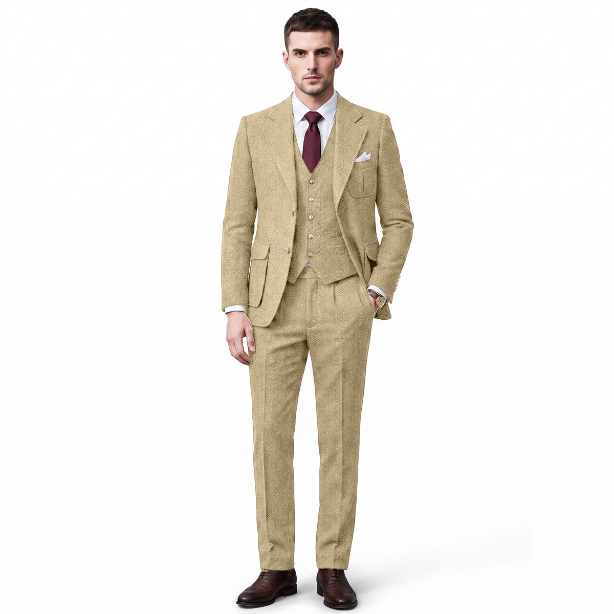 Aesido 3 Pieces Classic Herringbone Notch Lapel Suits (Blazer+Vest+Pants)