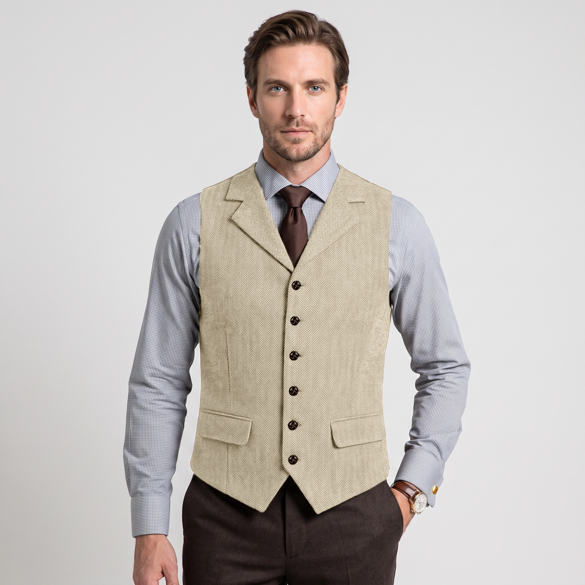 Aesido Men's Business Herringbone Notch Lapel Waistcoat