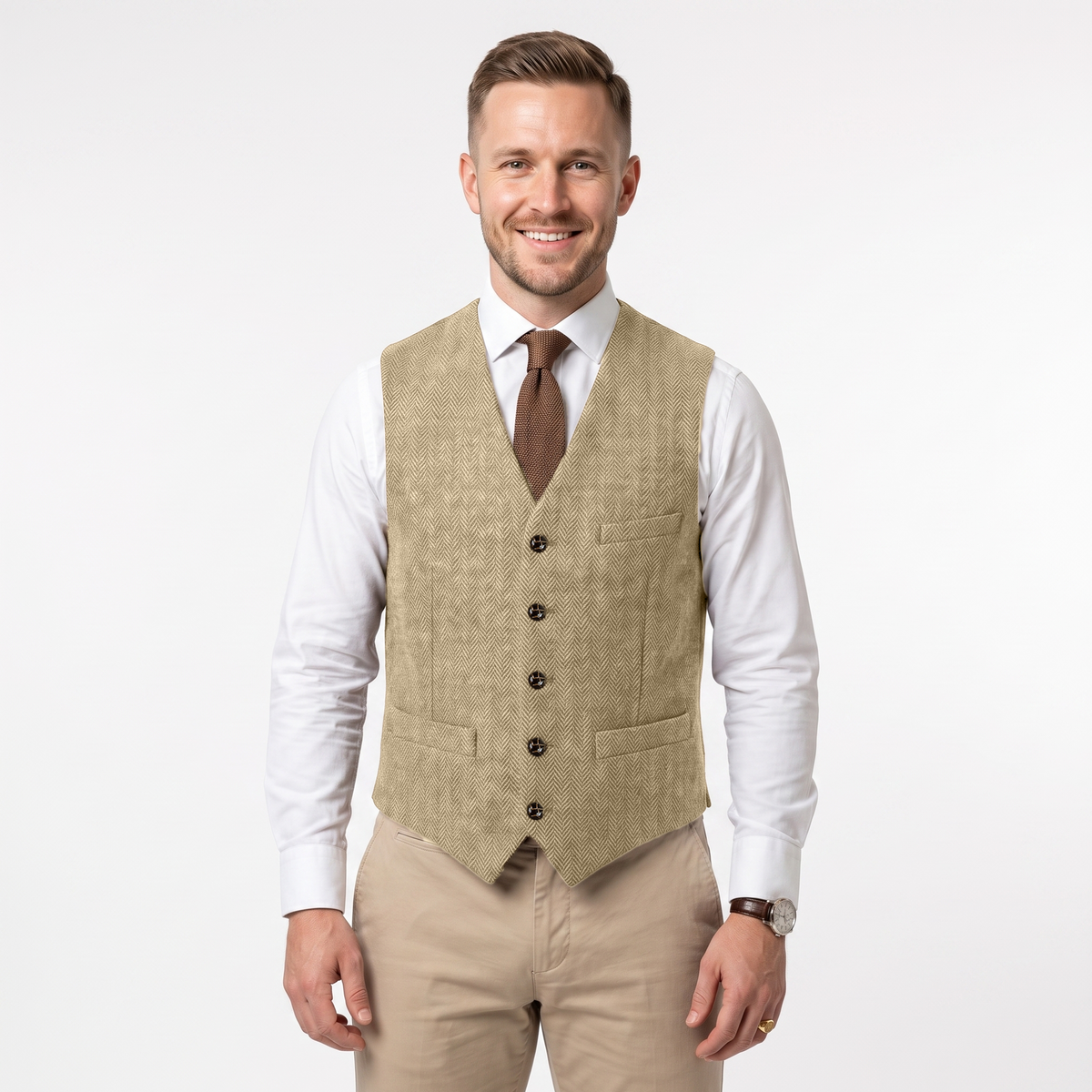 Aesido Formal Men's Vest Herringbone V Neck Waistcoat for Wedding