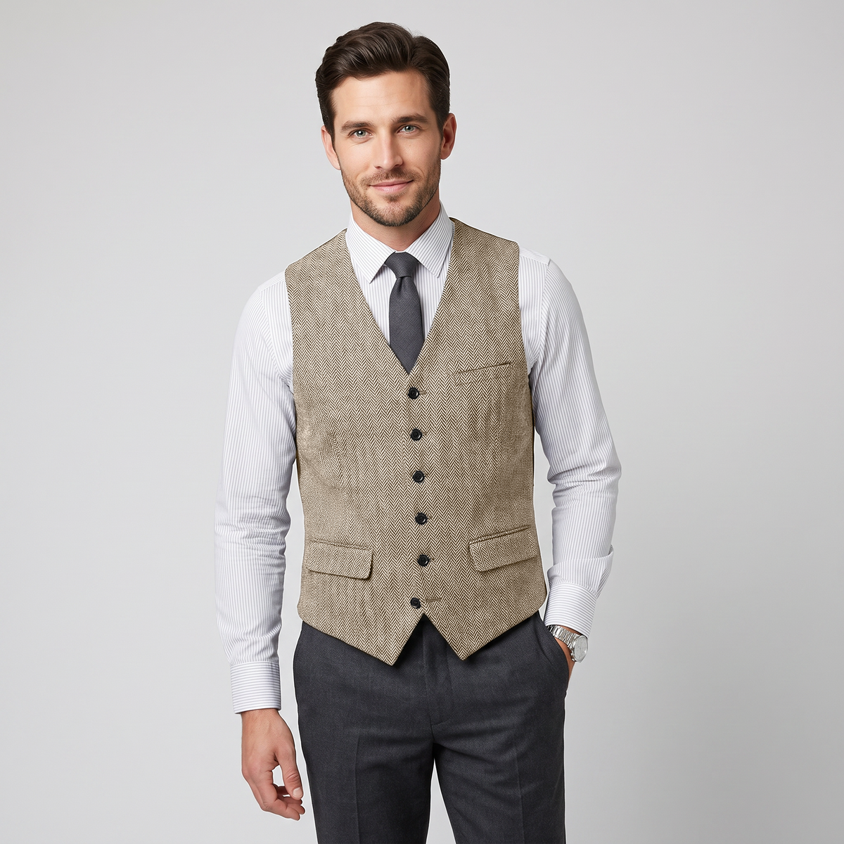 Aesido Men's Single Breasted V Neck Herringbone Waistcoat