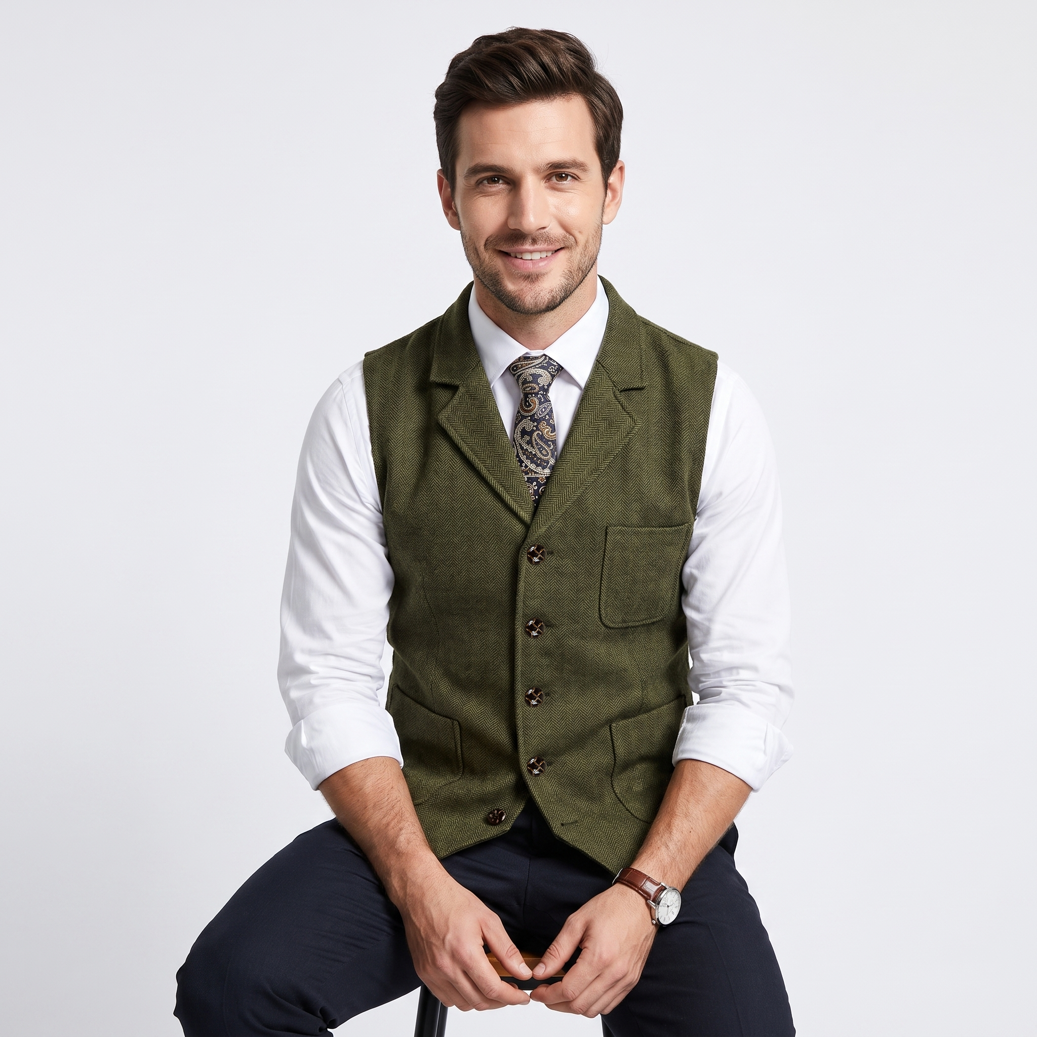 Aesido Formal Men's Vest Herringbone Notch Lapel Waistcoat