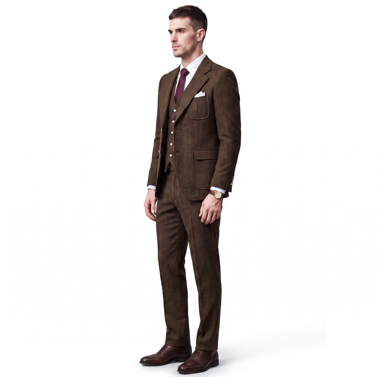 Aesido 3 Pieces Classic Herringbone Notch Lapel Suits (Blazer+Vest+Pants)