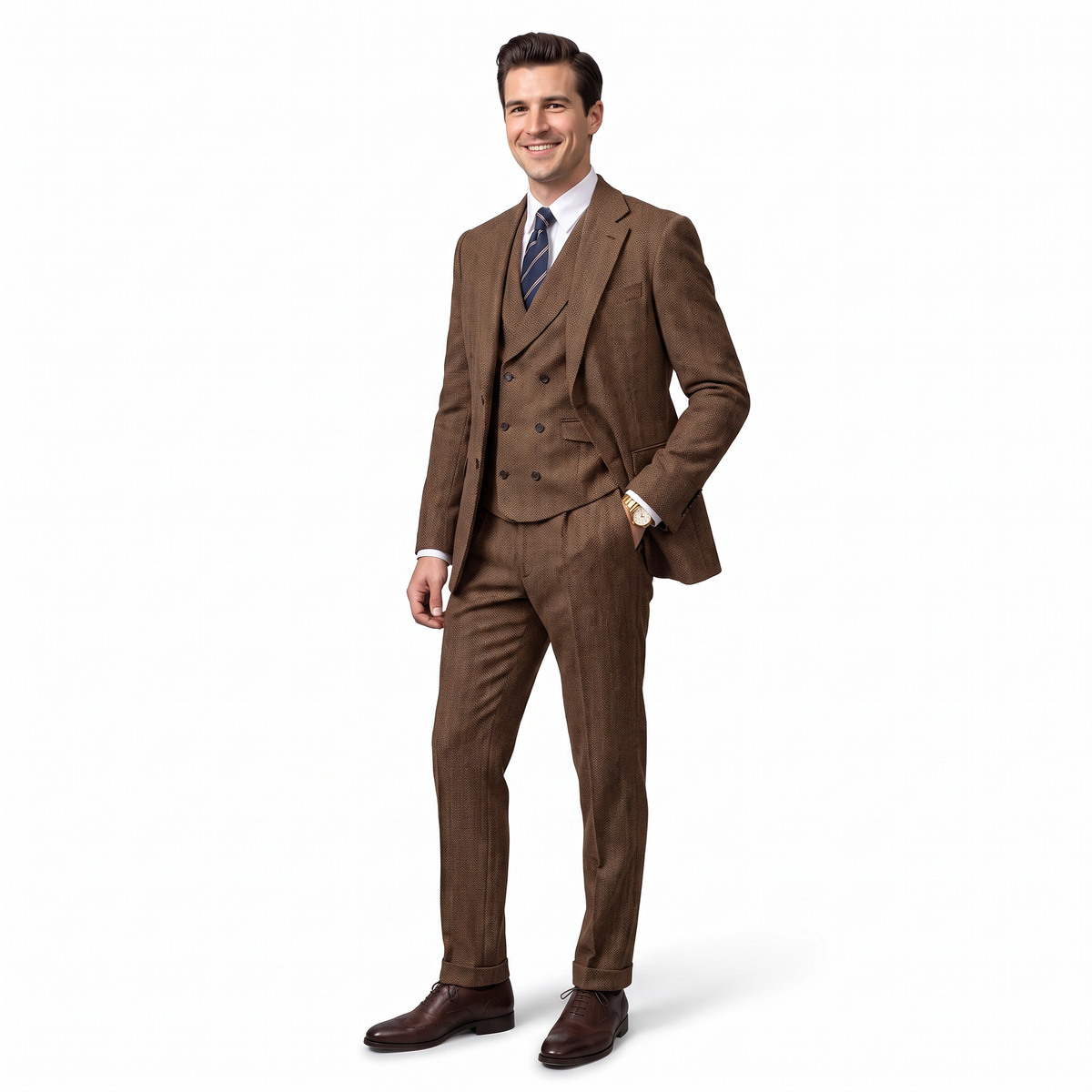 Aesido Men's Suit 3 Pieces Herringbone Notch Lapel Suit（Blazer+Vest+Pants）