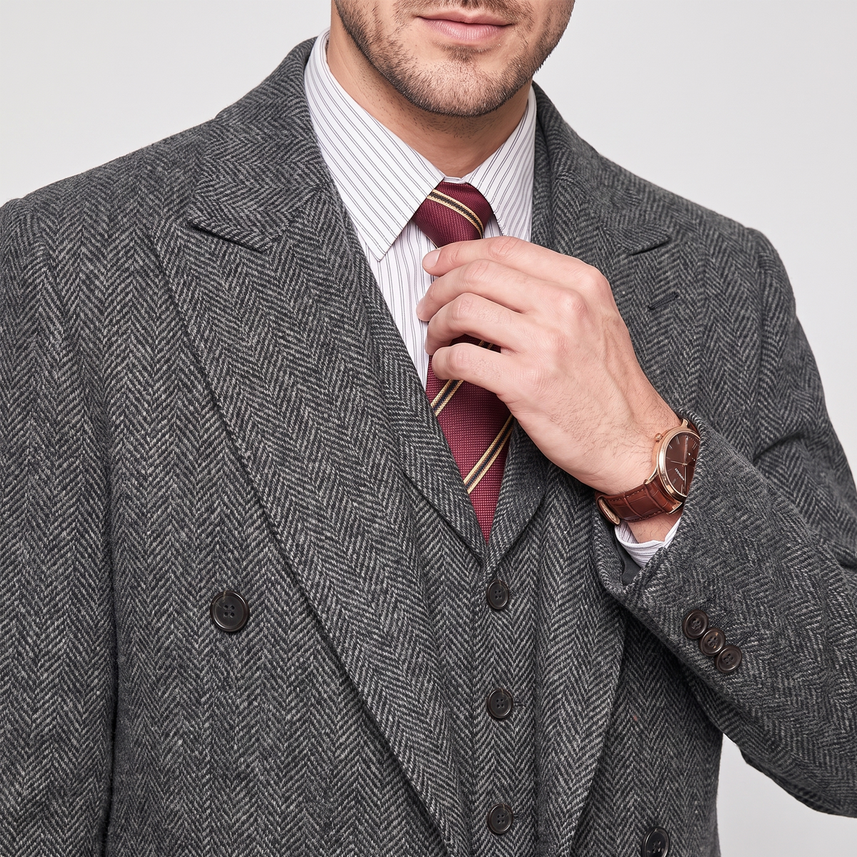 Aesido 3 Pieces Business Mens Suit Regular Fit Peak Lapel Herringbone Blazer(Blazer+vest+Pants)