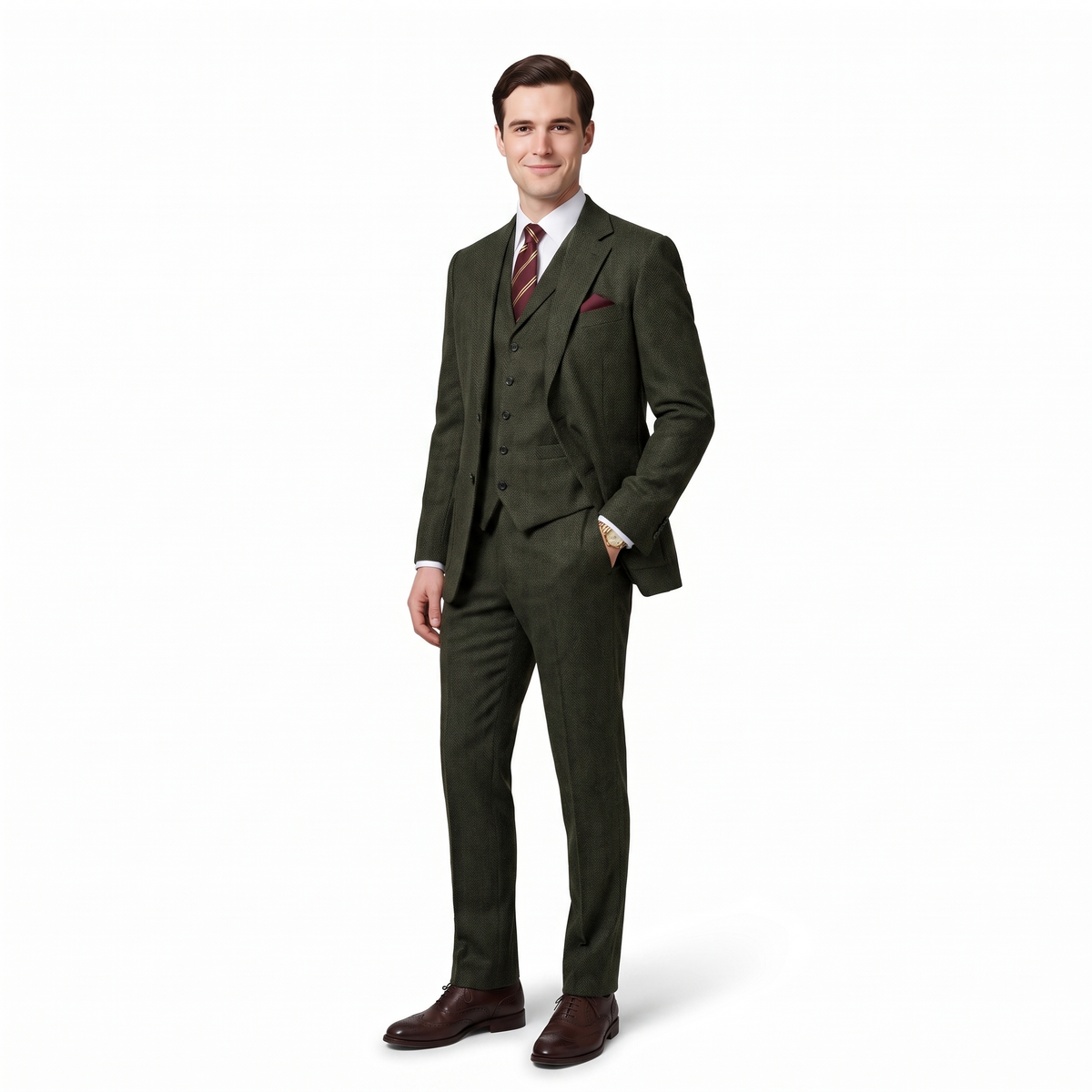 Aesido 3 Pieces Herringbone Notch Lapel Men's Suit (Blazer+Vest+Pants)