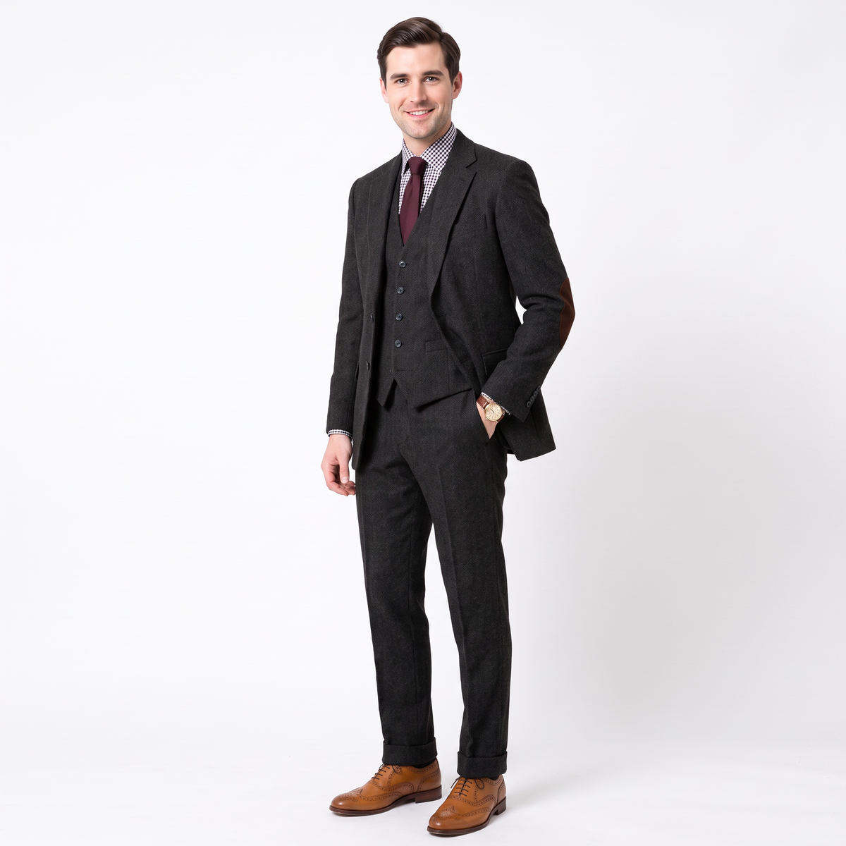 Aesido Men's Business 3 Pieces Herringbone Notch Lapel Suit（Blazer+Vest+Pants）