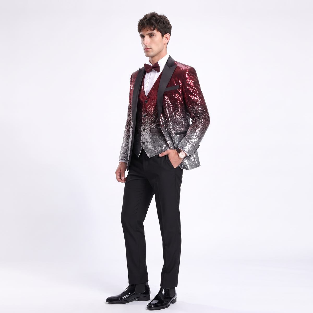 Aesido Men's Fashion Gradient Sequined Tuxedo Suit Peak Lapel Men's Suit (Blazer + Vest + Pants)