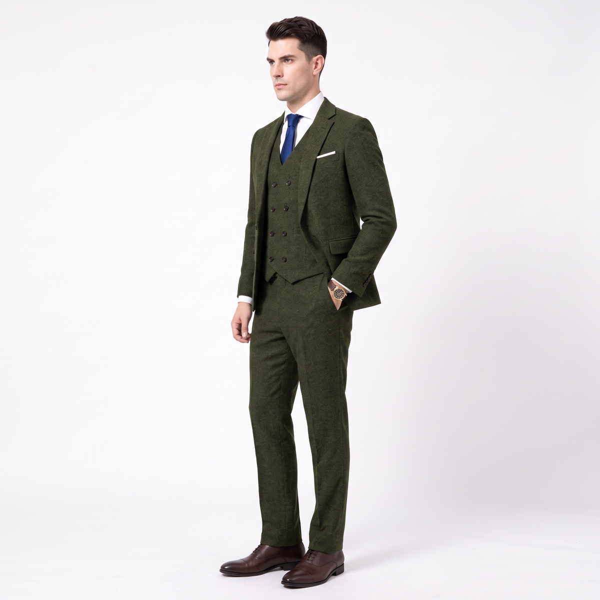 Aesido Men's Business Suit 3 Pieces Tweed Notch Lapel Suits（Blazer+Vest+Pants）