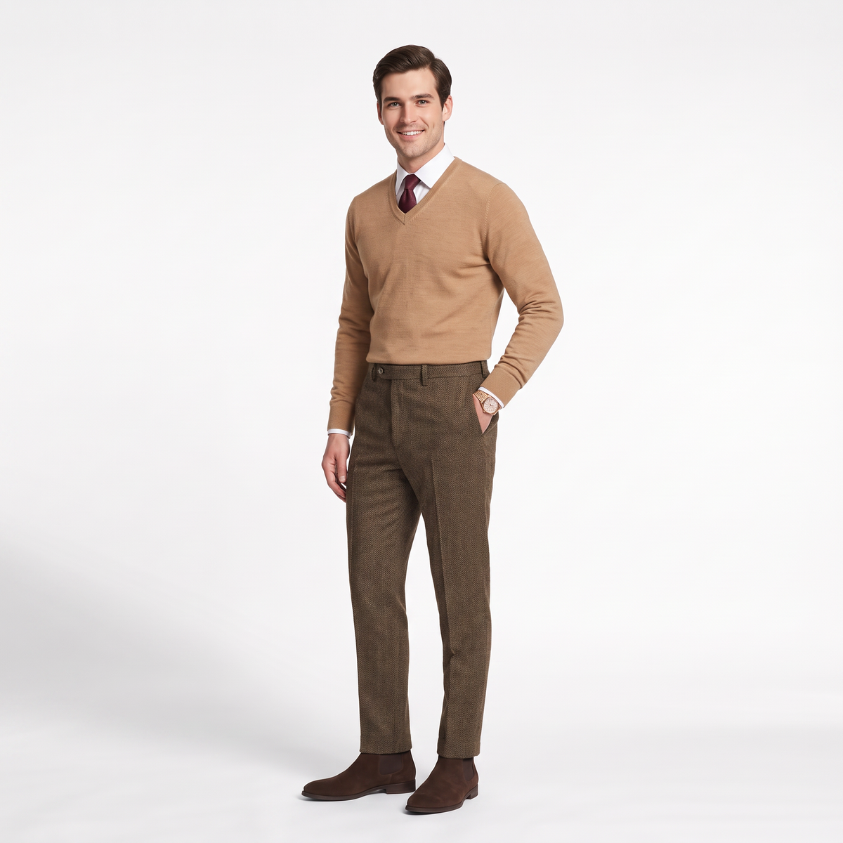 Aesido Men's Retro Pants Herringbone Tweed Trousers
