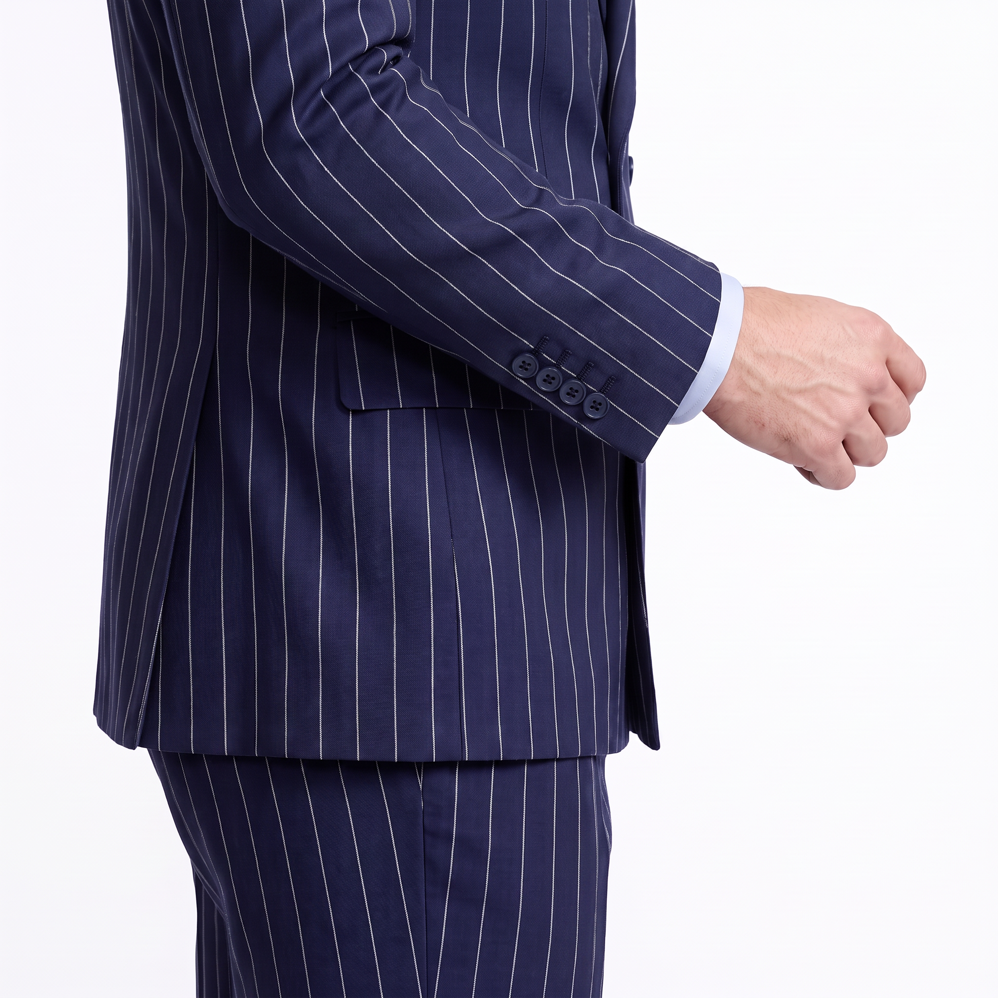 Aesido 2 Pieces Navy Striped Double Breasted Business Slim Peak Lapel Men's Suits  (Blazer+Pants)