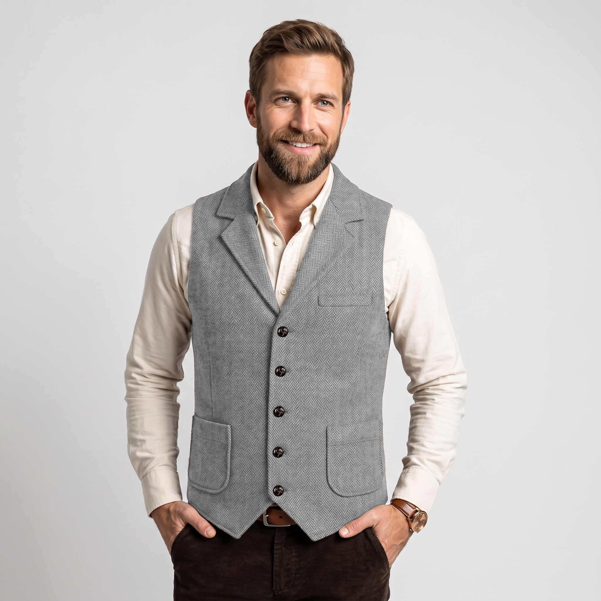 Aesido Men's Herringbone Notch Lapel Single Breasted Waistcoat