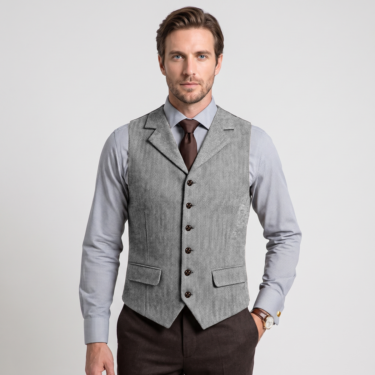 Aesido Men's Business Herringbone Notch Lapel Waistcoat