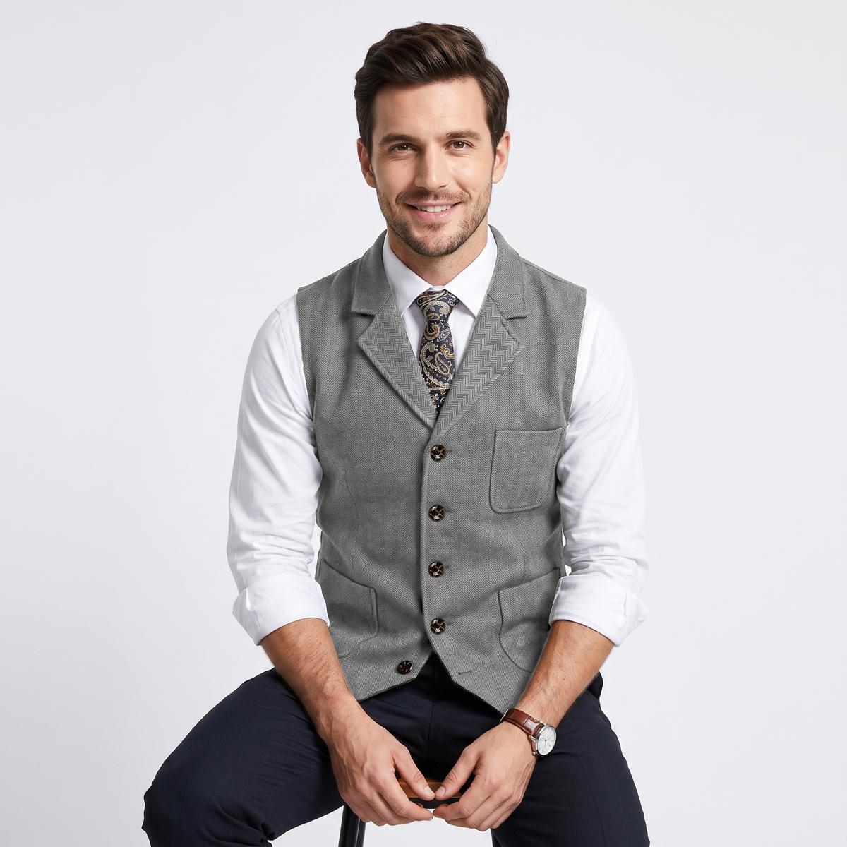 Aesido Formal Men's Vest Herringbone Notch Lapel Waistcoat