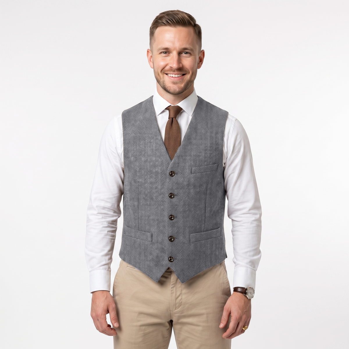 Aesido Formal Men's Vest Herringbone V Neck Waistcoat for Wedding